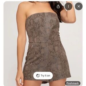 She + Sky Strapless Snake Print Romper - Brown